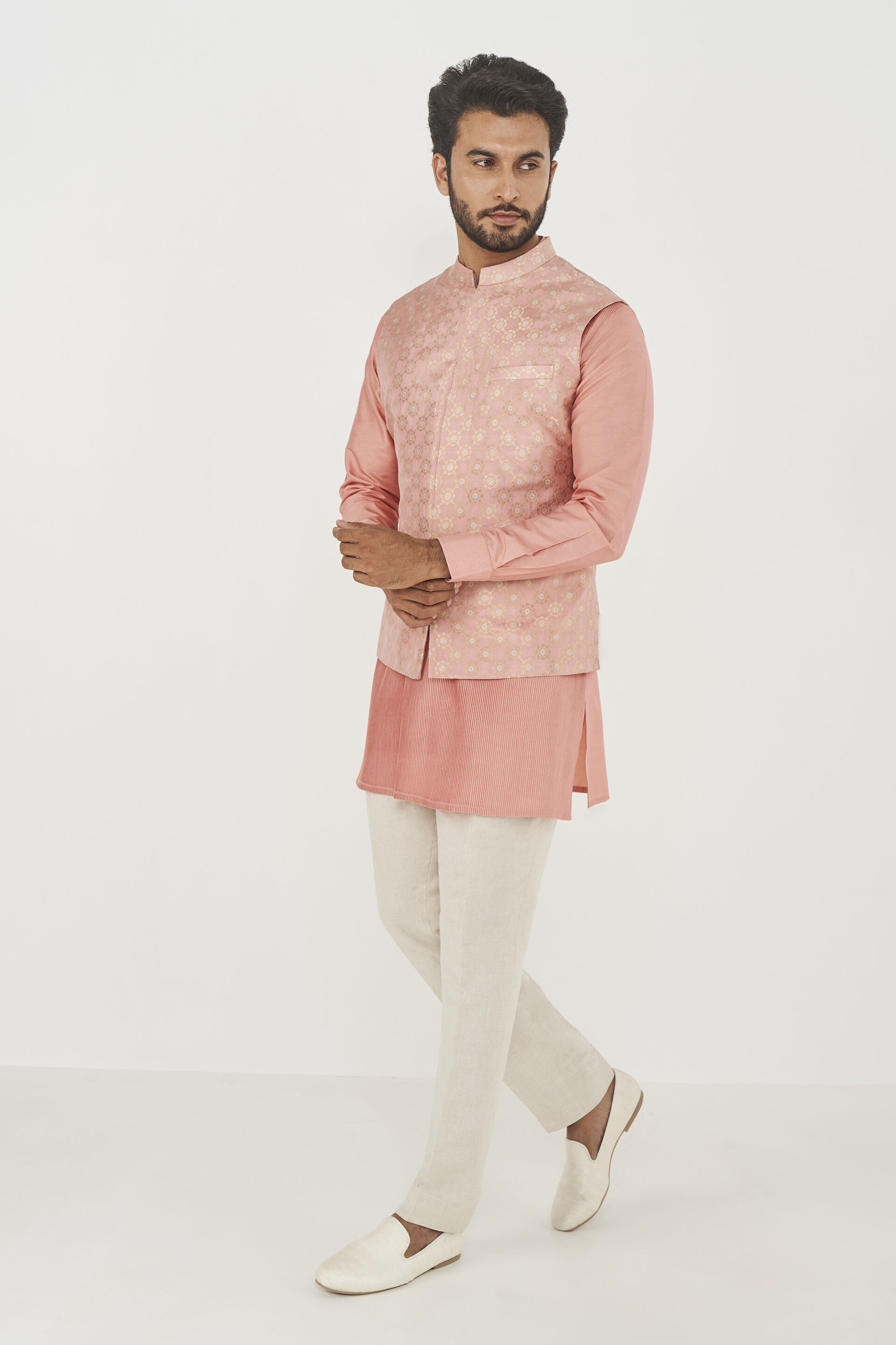 eloria Men's Traditional Pink Solid Silk Blend Kurta with Long Churidar And Nehru  Jacket - Walmart.com
