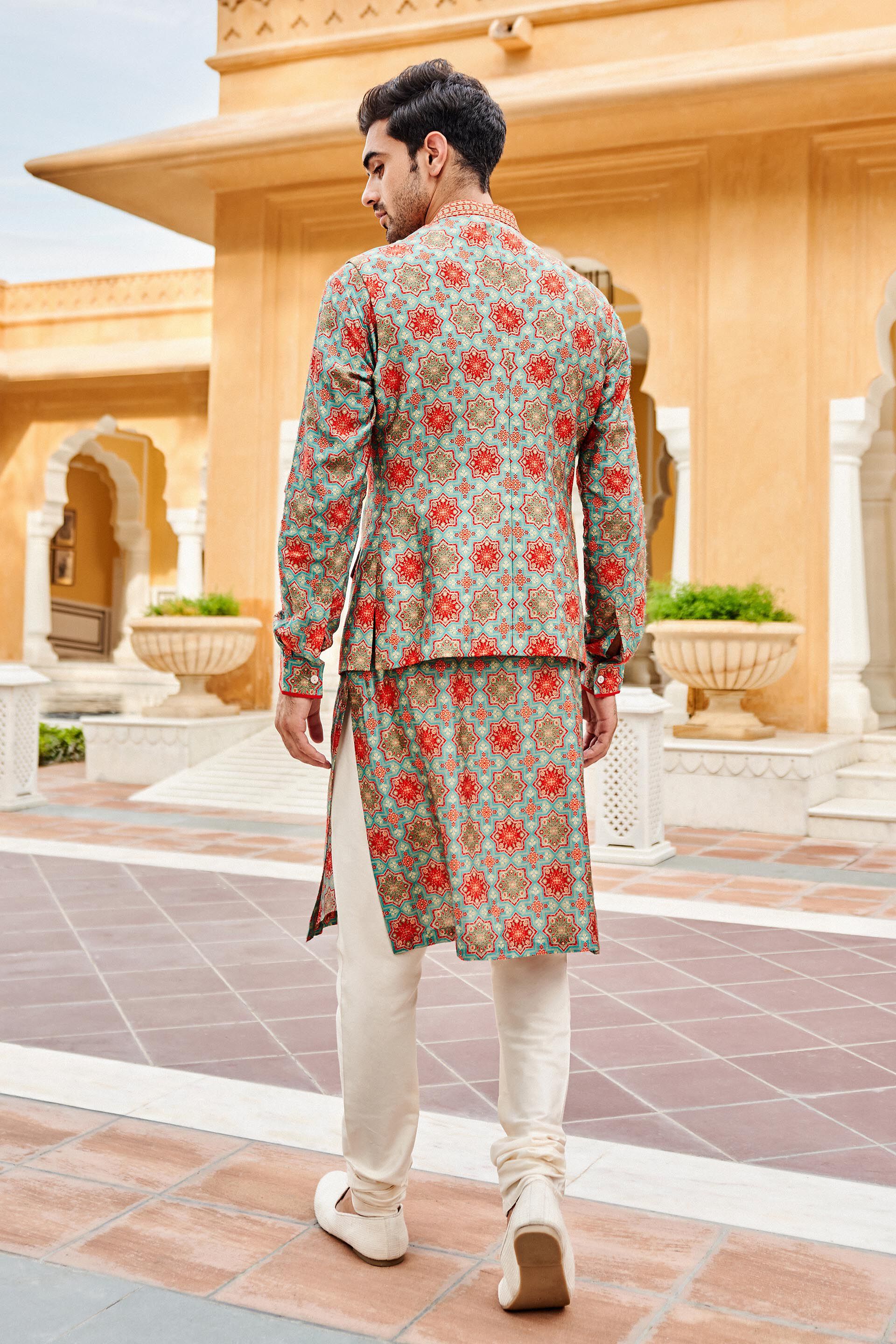 Pink Terry Rayon Nehru Jacket With Peach Silk Kurta Pajama Set – Rajanyas
