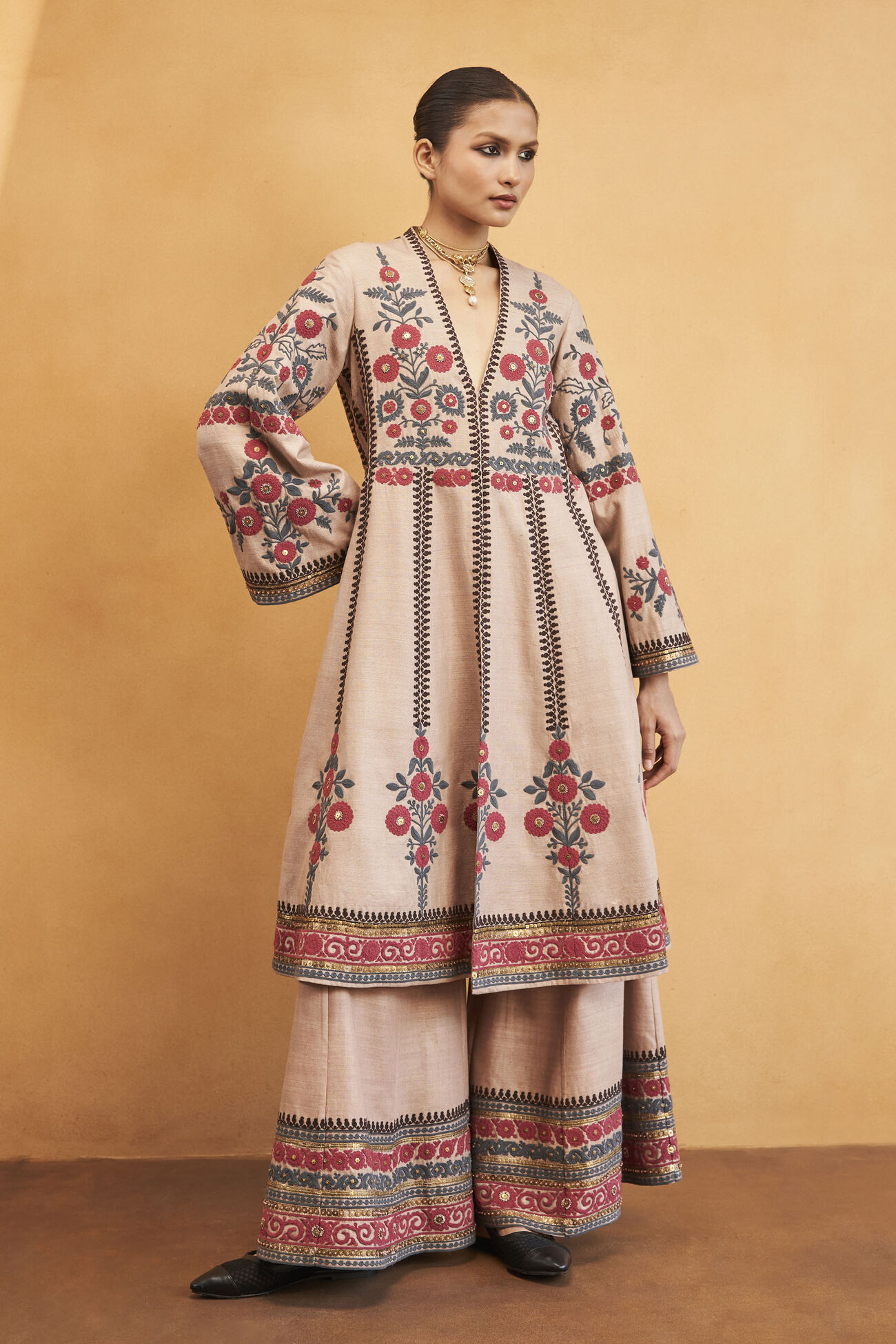 Flowers Of the Forest Zardozi & Cord Silk Kurta Set, Hazelnut, image 1