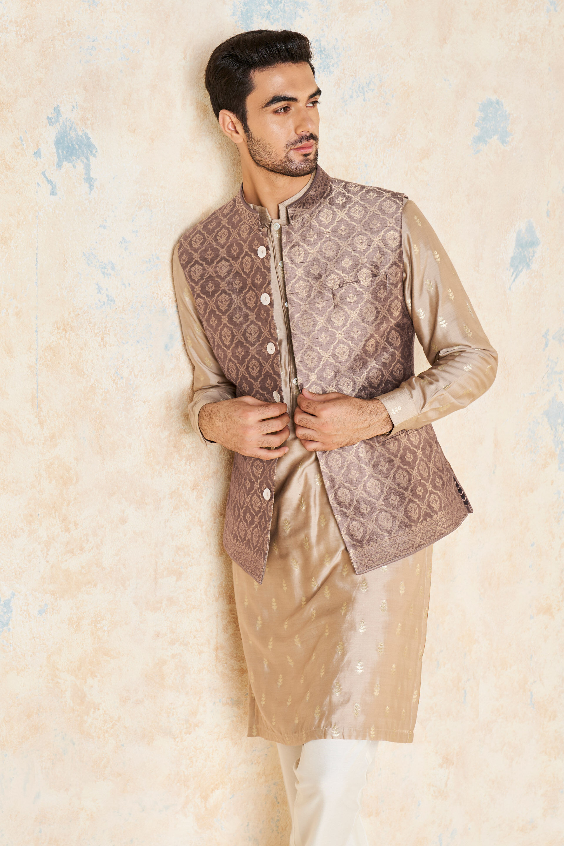 Buy Beige Handloom Silk Nehru Jacket For Men by Gaurav Katta Online at Aza  Fashions.