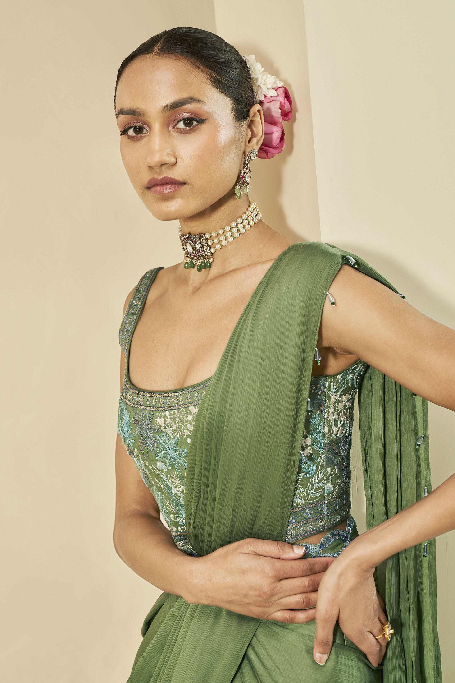 Charu and Vasundhara Esrat Pre-draped Lehenga Saree With Blouse | Yellow,  Linear, Blouse, Leaf, Sleeveless | Lehenga saree, Drape lehenga, Aza fashion