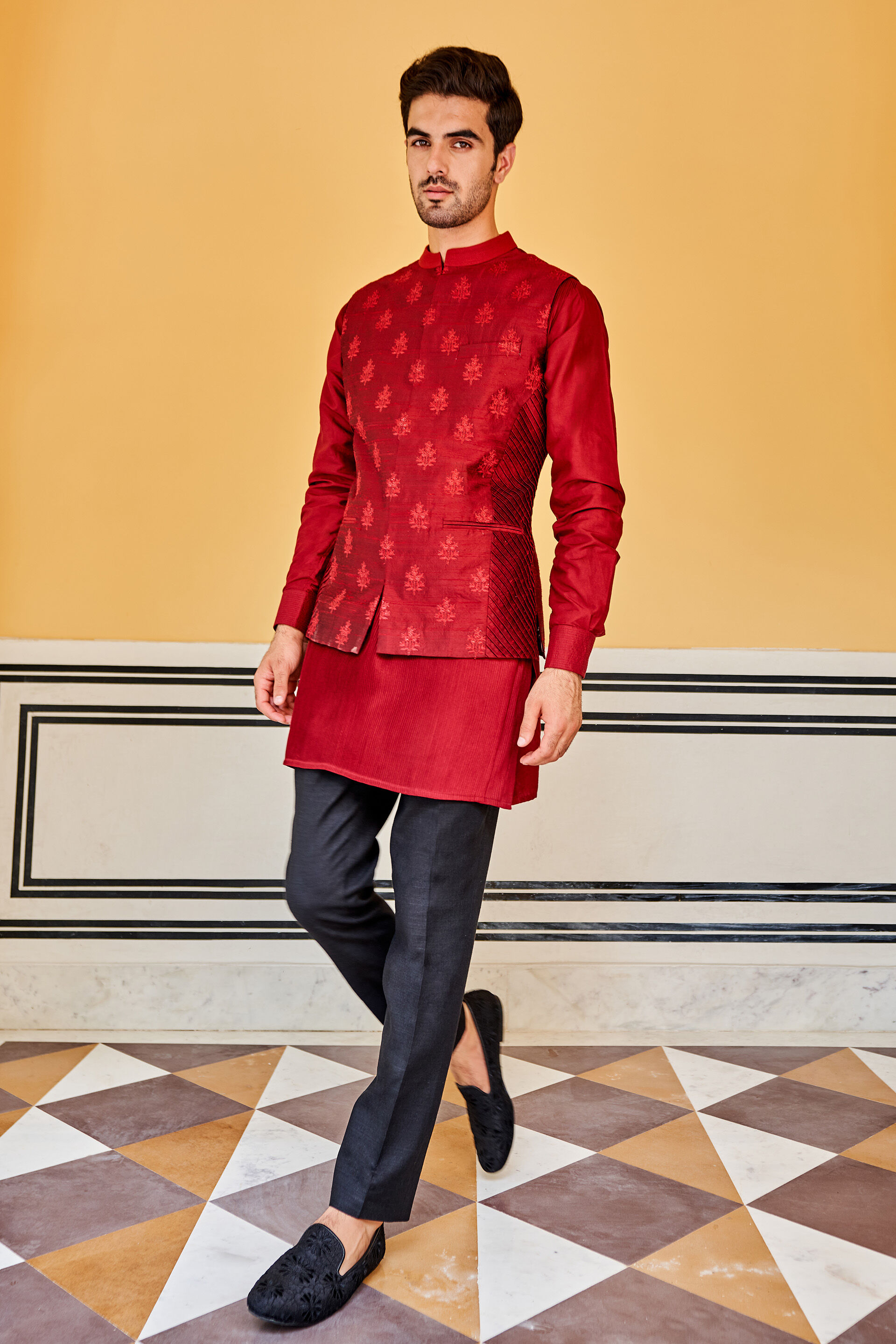 Malbari Silk Embroidered Red Nehru Jackets -