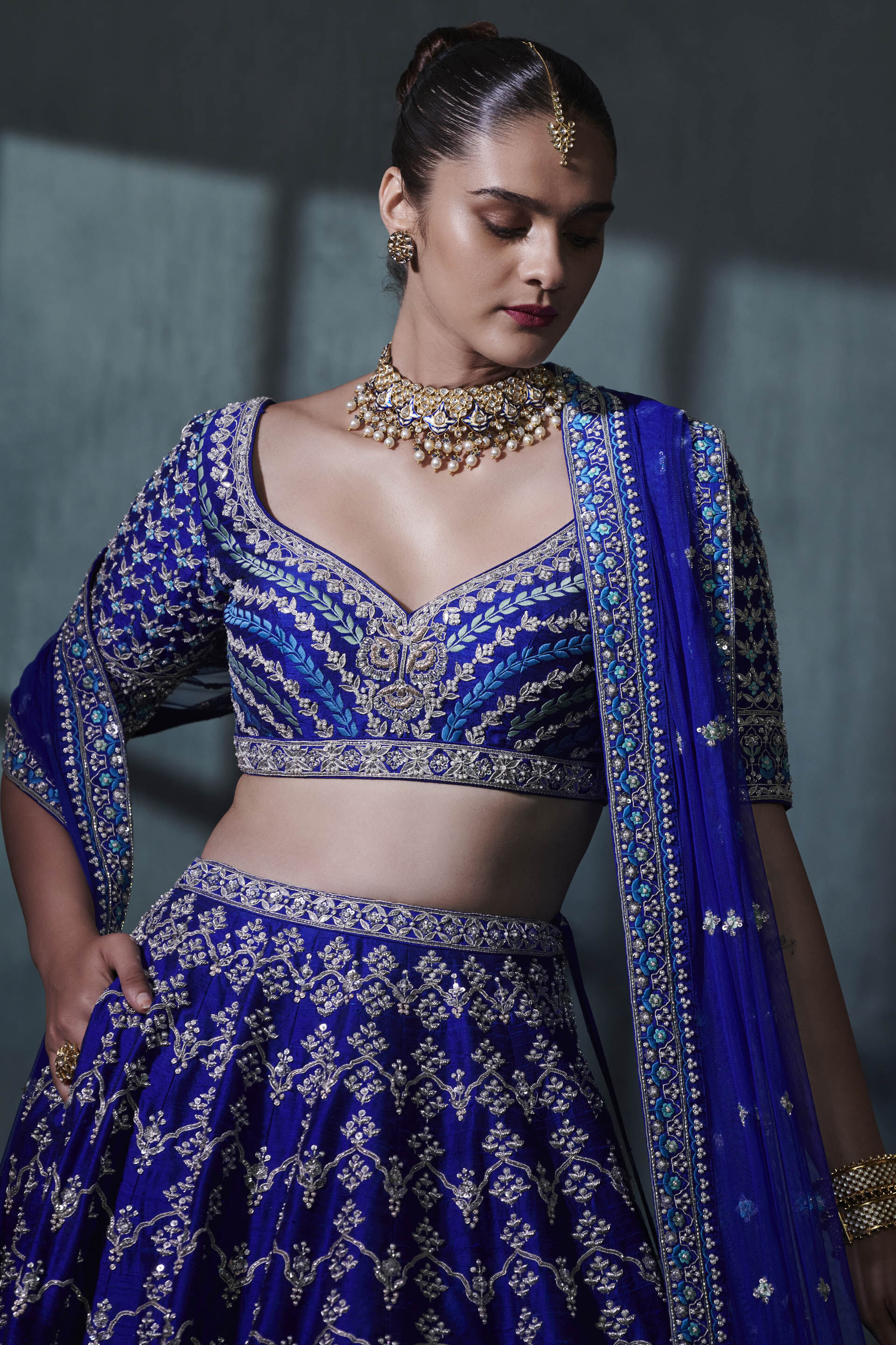Stunning pastel blue lehenga with dazzling gold jewellery. See more on  wedmegood.com #wedmegood #indianwe… | Bridal makeup looks, Indian bride,  Bridal makeup artist