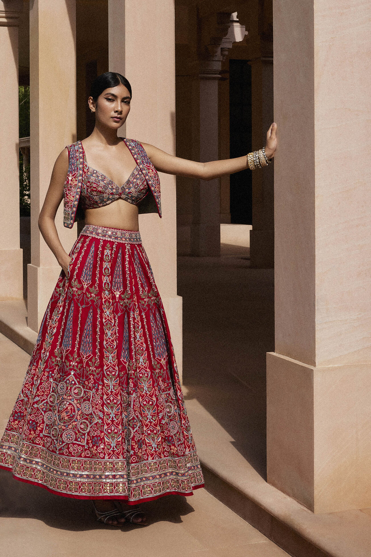 Set of Two Kora Top and Brick Red Handloom Cotton Pencil Skirt