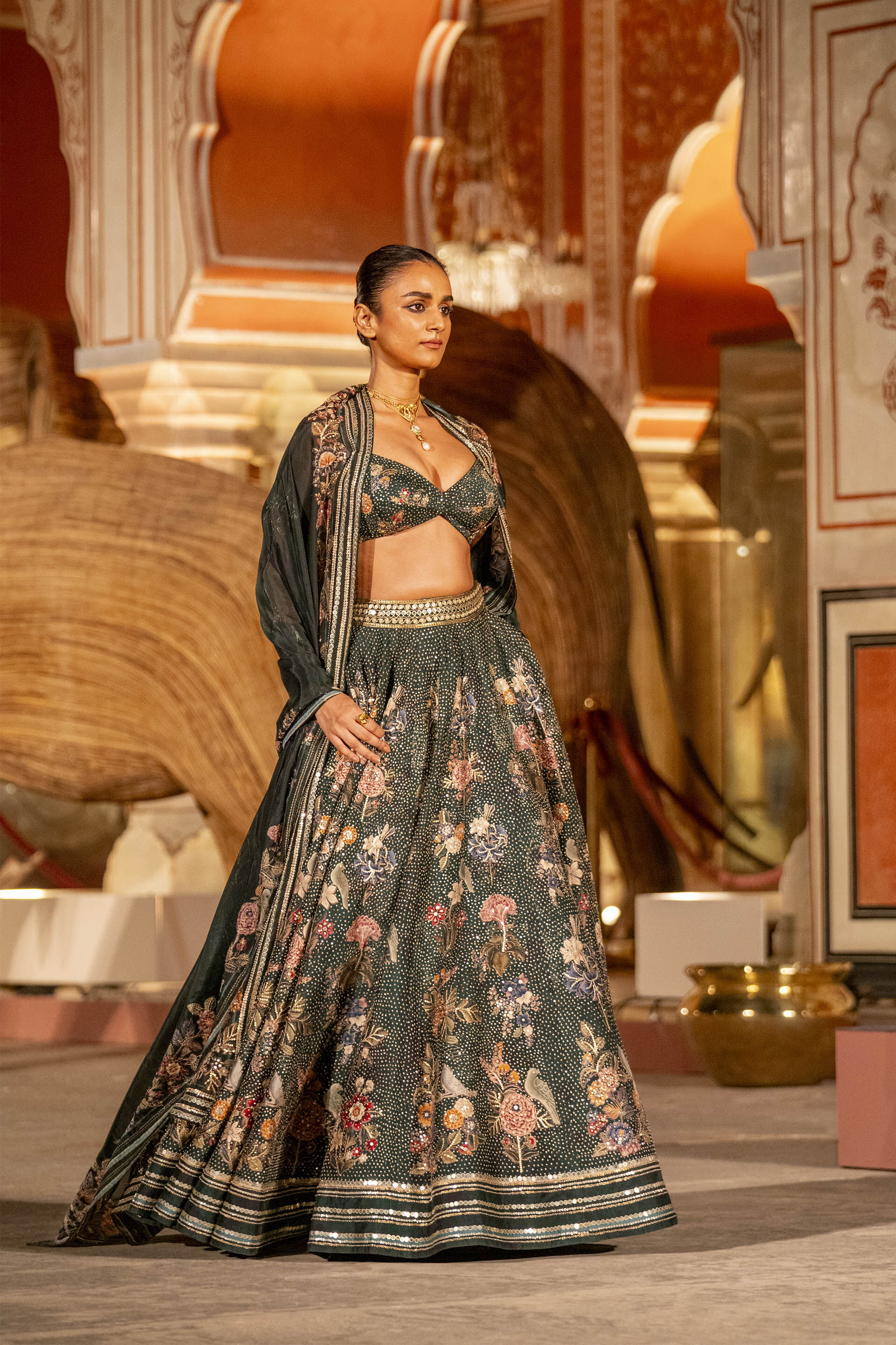 A forest green floral lehenga with a contrast dupatta and a heavily  embellished blouse . Wedding Couture SHYAMAL & BHUMIKA . Kindly What... |  Instagram
