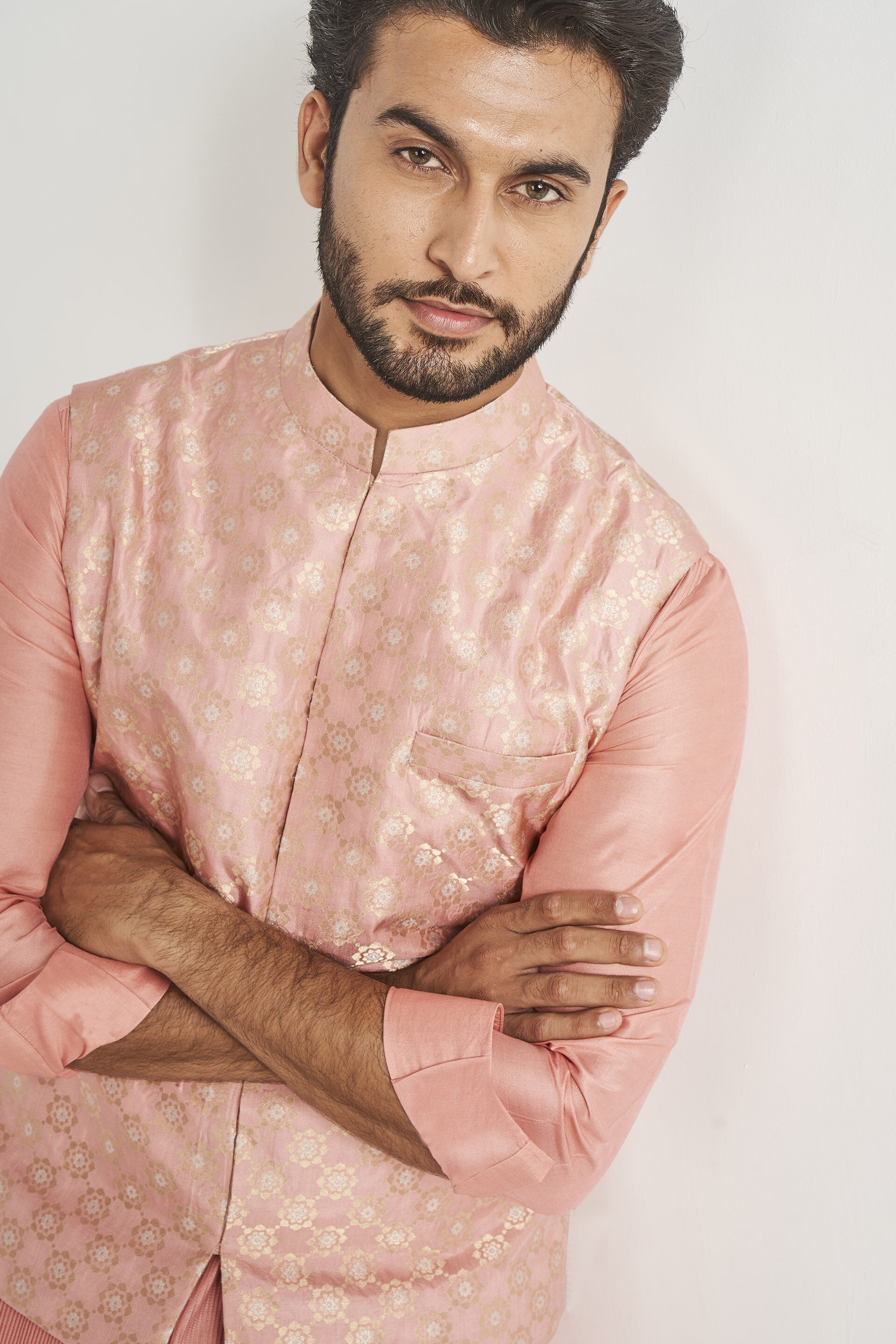 Embroidered Art Silk Kurta Jacket Set in Navy Blue and Pink : MHG2254