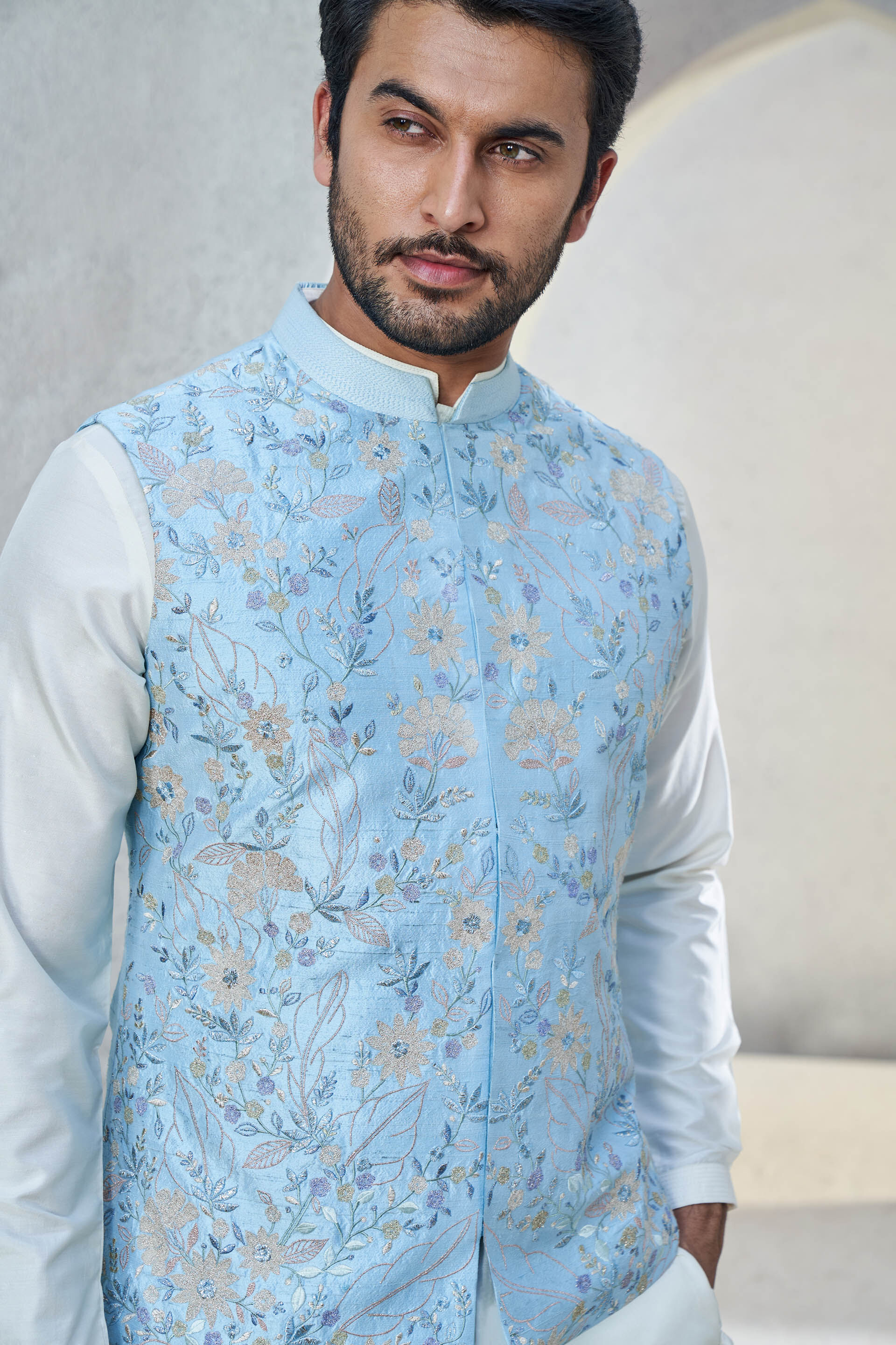 Buy Banarasi Silk Beige Nehru Jacket for Men (NMK-6461) Online