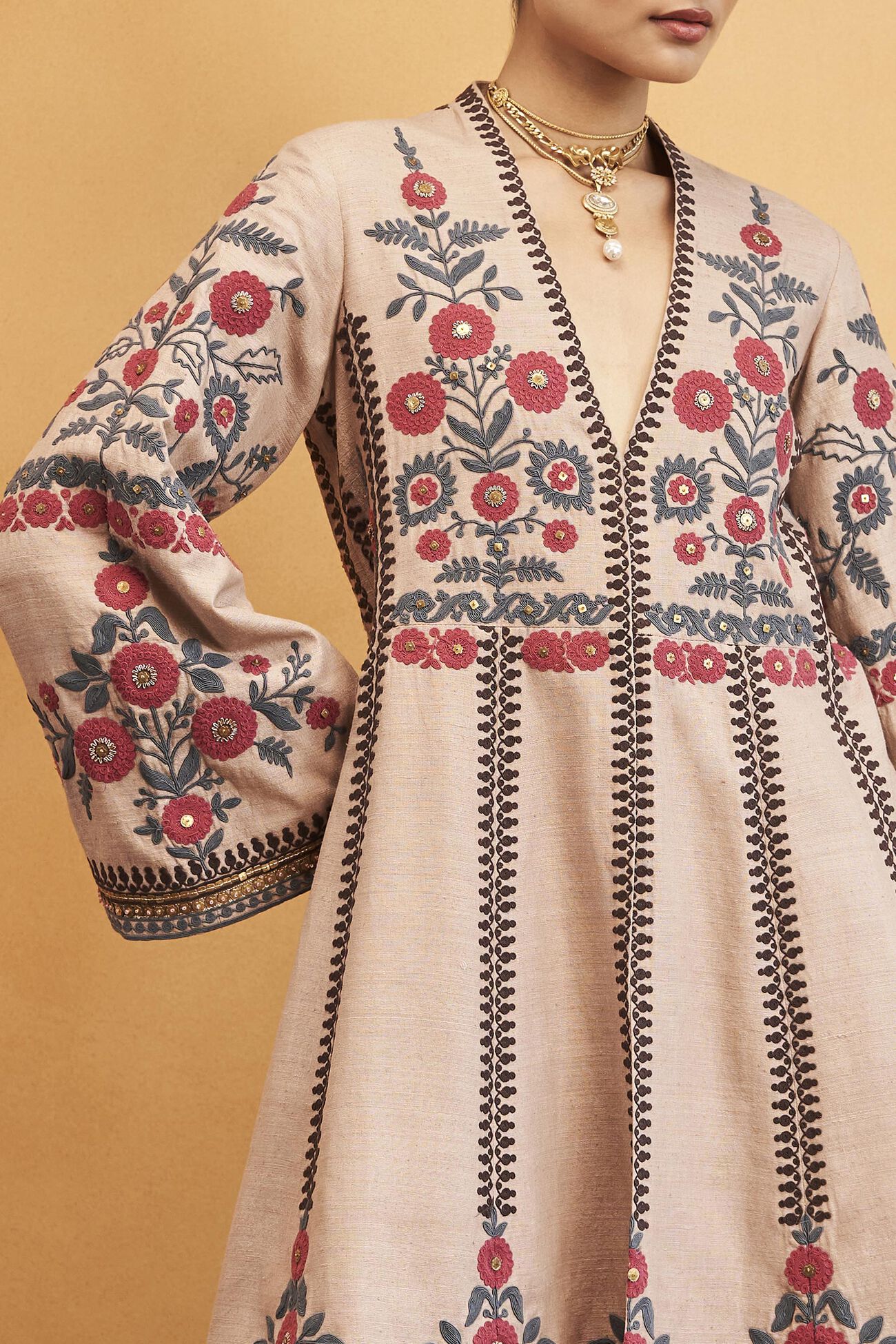 Flowers Of the Forest Zardozi & Cord Silk Kurta Set, Hazelnut, image 3