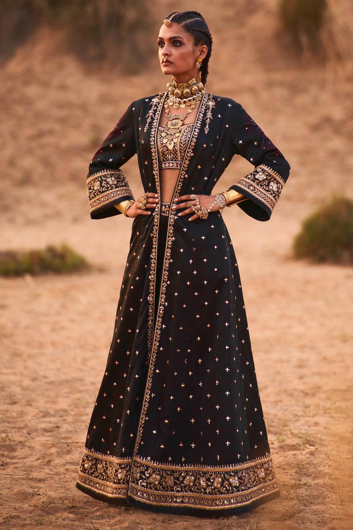 Buy HOUSE OF JAMOTI Black Embellished Lehenga with Blouse and Jacket (Set  of 3) online